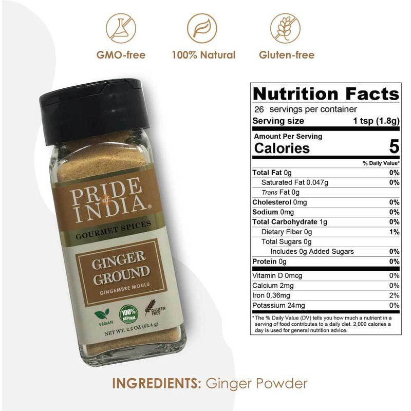 Pride of India | Ginger Fine Ground 1.65 oz (46.77 gm) Small Dual Sifter Jar | Easy to Use Blends Well | Perfect for Cooking, Baking, Tea, Curries, Soups | All Natural, Vegan, Non-Bioengineered