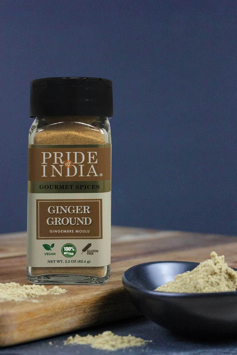 Pride of India | Ginger Fine Ground 1.65 oz (46.77 gm) Small Dual Sifter Jar | Easy to Use Blends Well | Perfect for Cooking, Baking, Tea, Curries, Soups | All Natural, Vegan, Non-Bioengineered