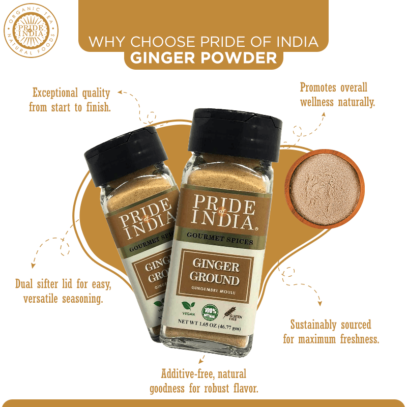 Pride of India | Ginger Fine Ground 1.65 oz (46.77 gm) Small Dual Sifter Jar | Easy to Use Blends Well | Perfect for Cooking, Baking, Tea, Curries, Soups | All Natural, Vegan, Non-Bioengineered