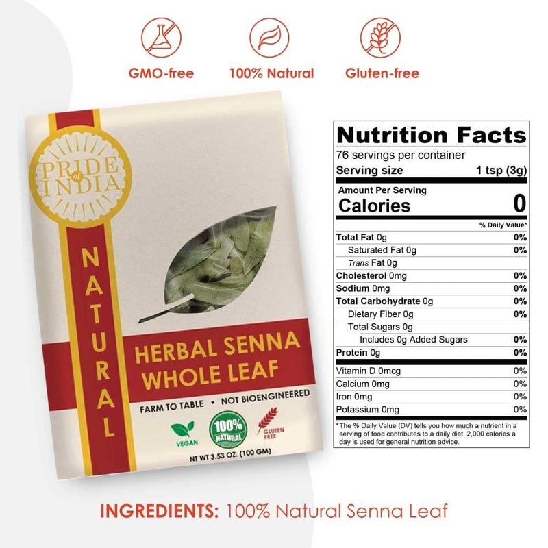 Pride Of India | Natural Senna Herbal Tea Leaf Whole 3.53 oz (100gm) | Relaxing, Caffeine Free, Night Time Tea | Non-Bioengineered, Vegan, Gluten-Free