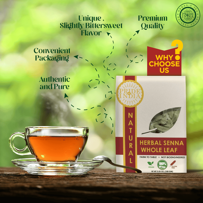 Pride Of India | Natural Senna Herbal Tea Leaf Whole 3.53 oz (100gm) | Relaxing, Caffeine Free, Night Time Tea | Non-Bioengineered, Vegan, Gluten-Free