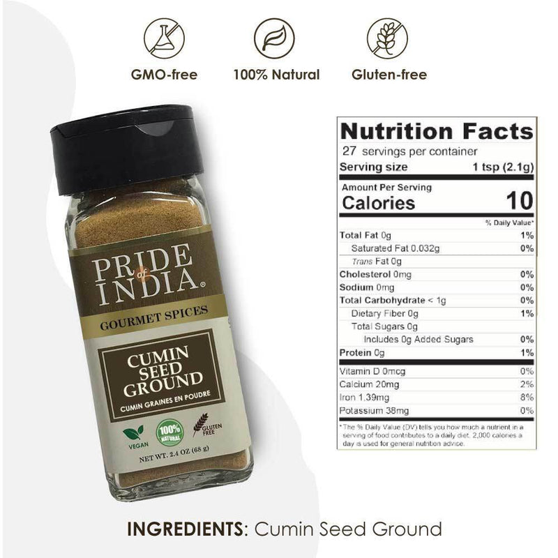 Pride of India | Cumin Seed Ground 2 oz (56.69 gm) | Rich, Earthy, Warming Flavor | Perfect for Tacos, Burritos, Curries, Pilaf, Marination, Vegetable Stir-Fries, Soups | Gluten-Free, Vegan