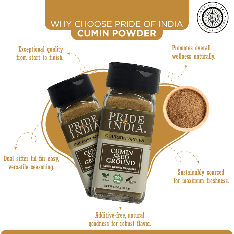 Pride of India | Cumin Seed Ground 2 oz (56.69 gm) | Rich, Earthy, Warming Flavor | Perfect for Tacos, Burritos, Curries, Pilaf, Marination, Vegetable Stir-Fries, Soups | Gluten-Free, Vegan