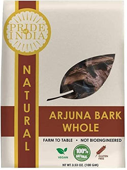 Pride Of India | Natural Arjuna Bark Whole 3.53 oz (100 gram) | Mix with warm water, milk | Prepare Tea, Smoothies, Juices | Vegan, Non-Bioengineered & Gluten-Free