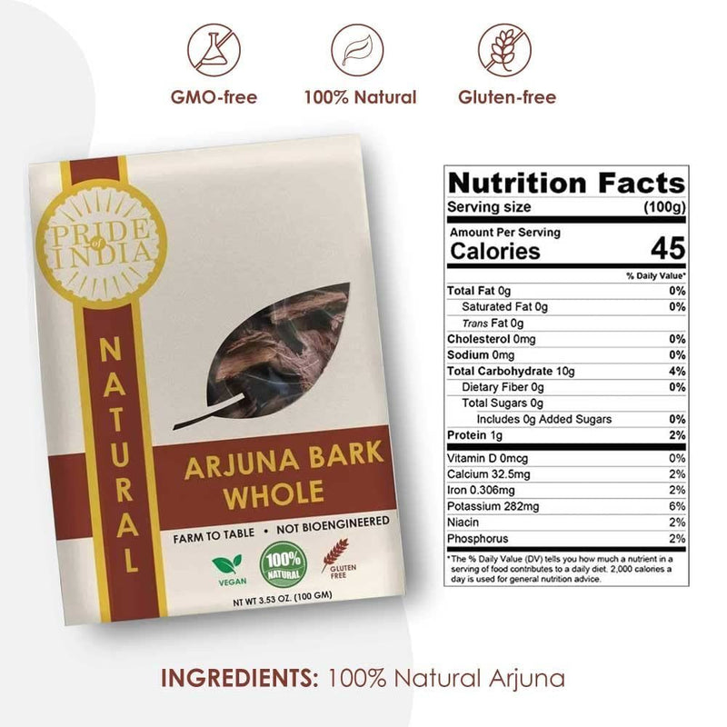 Pride Of India | Natural Arjuna Bark Whole 3.53 oz (100 gram) | Mix with warm water, milk | Prepare Tea, Smoothies, Juices | Vegan, Non-Bioengineered & Gluten-Free