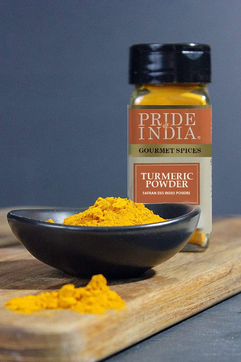 Pride of India - Natural Turmeric Ground - Traditional Indian Spice - Pantry Essential - Curcumin Rich and Gourmet - Ideal for Curries/Lentil/Meat/Pilaf - Easy to Use - 2.6 oz. Small Dual Sifter Jar