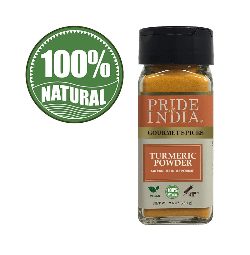 Pride of India - Natural Turmeric Ground - Traditional Indian Spice - Pantry Essential - Curcumin Rich and Gourmet - Ideal for Curries/Lentil/Meat/Pilaf - Easy to Use - 2.6 oz. Small Dual Sifter Jar