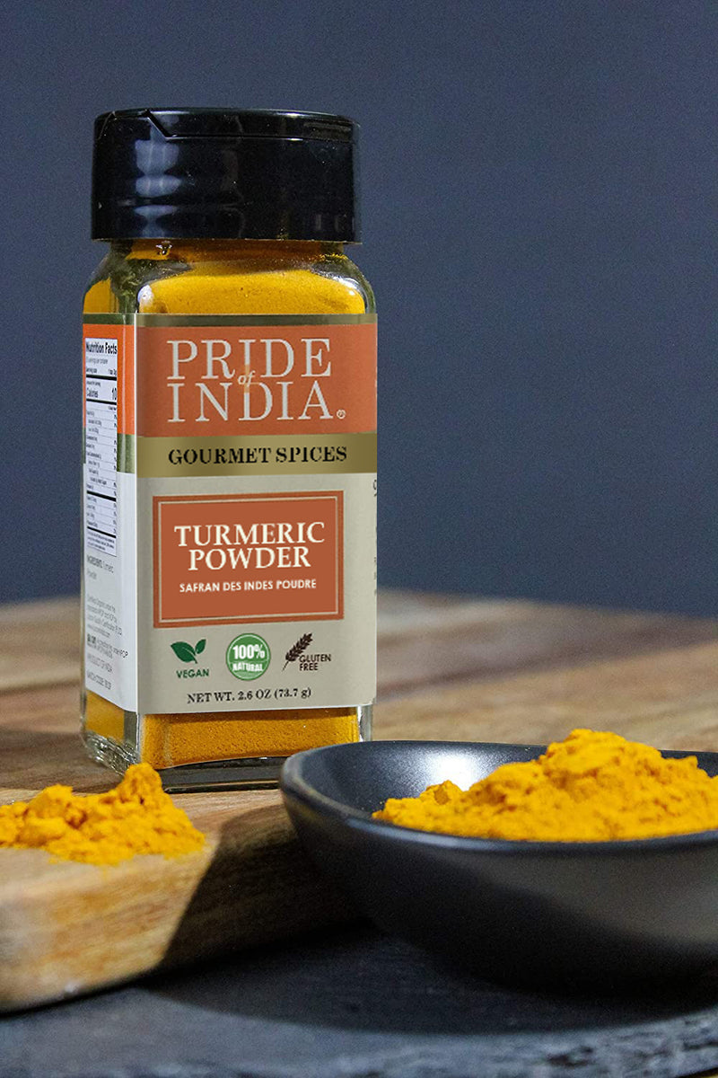 Pride of India - Natural Turmeric Ground - Traditional Indian Spice - Pantry Essential - Curcumin Rich and Gourmet - Ideal for Curries/Lentil/Meat/Pilaf - Easy to Use - 2.6 oz. Small Dual Sifter Jar