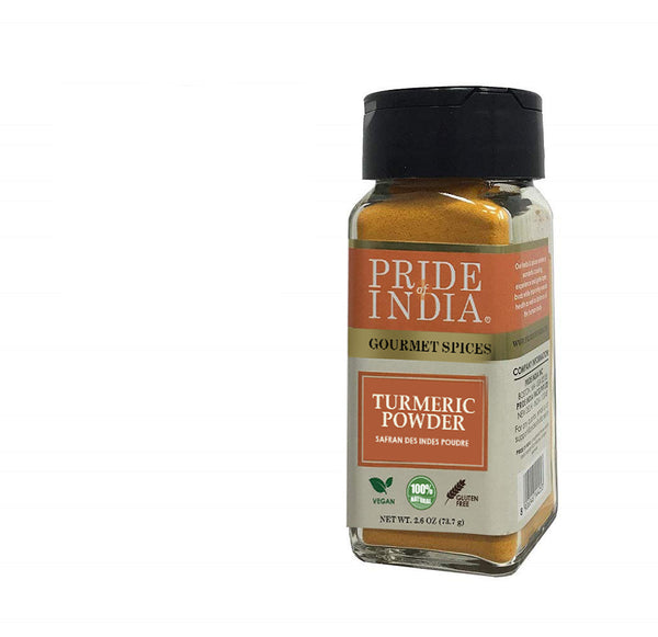 Pride of India - Natural Turmeric Ground - Traditional Indian Spice - Pantry Essential - Curcumin Rich and Gourmet - Ideal for Curries/Lentil/Meat/Pilaf - Easy to Use - 2.6 oz. Small Dual Sifter Jar