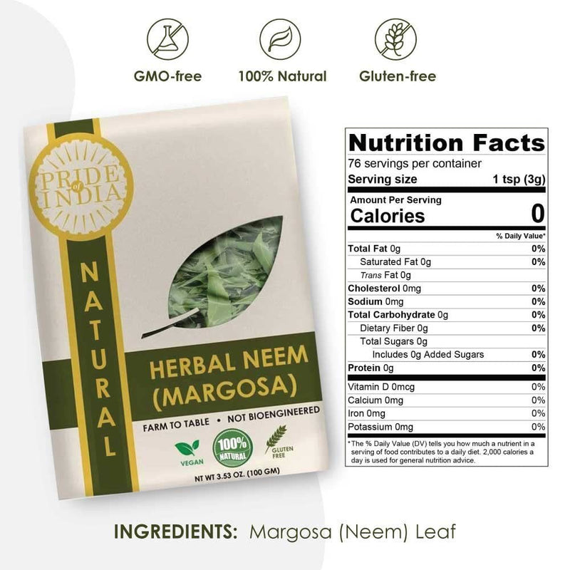 Pride of India |Natural Neem/Margosa Herb Whole Leaf 3.53 oz (100 gm) | Add to Tea, Dip, Juice & Smoothies | Vegan, No Caffeine, No Gluten, Non-Bioengineered,Cholesterol-Free