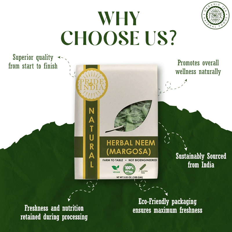 Pride of India |Natural Neem/Margosa Herb Whole Leaf 3.53 oz (100 gm) | Add to Tea, Dip, Juice & Smoothies | Vegan, No Caffeine, No Gluten, Non-Bioengineered,Cholesterol-Free