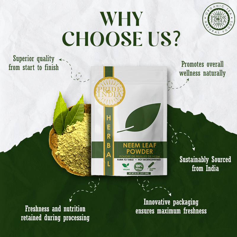 Pride Of India | Natural Neem/Margosa Herb Powder 8 oz (227 gm) | Nutrient-Rich Superfood | Add it to Smoothies, Juices & Dips | Bitter, Earthy & Astringent Taste | 100% Natural Vegan, Gluten-Free