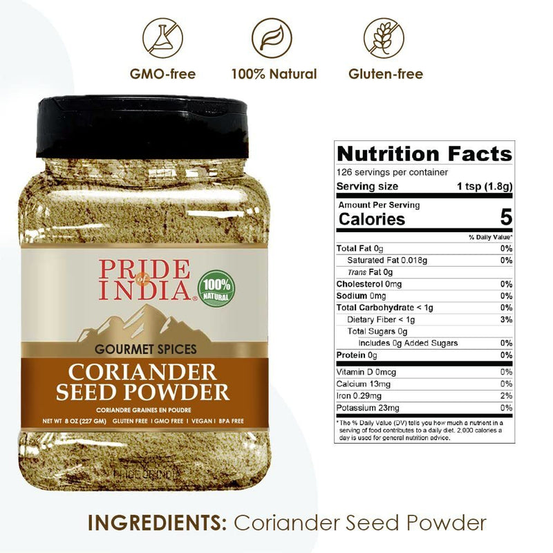 Pride of India - Coriander Seed Ground - Authentic Indian Spice - Freshly Packed Gourmet Spice - Must Ingredient in Indian & Middle Eastern Cuisines - Easy to Store - 8oz. Medium Dual Sifter Jar