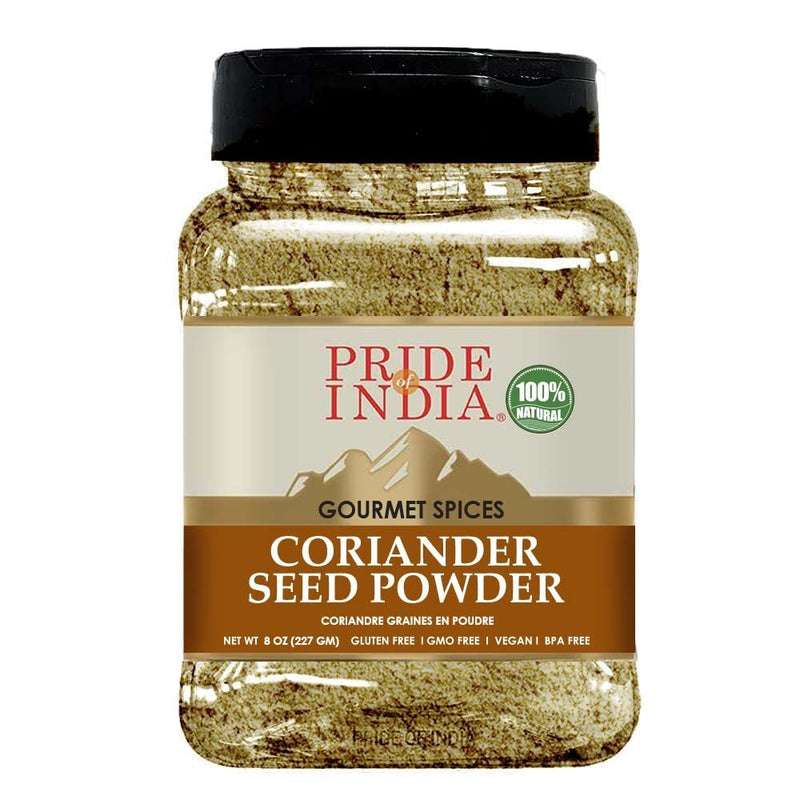 Pride of India - Coriander Seed Ground - Authentic Indian Spice - Freshly Packed Gourmet Spice - Must Ingredient in Indian & Middle Eastern Cuisines - Easy to Store - 8oz. Medium Dual Sifter Jar