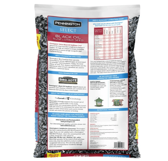 Pennington Select Black Oil Sunflower Seed Dry Wild Bird Feed, 20 lb. Bag