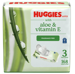 Huggies Aloe & Vitamin E Baby Wipes for Sensitive Skin, Unscented, 3 Flip-Top Packs (168 Total Ct)