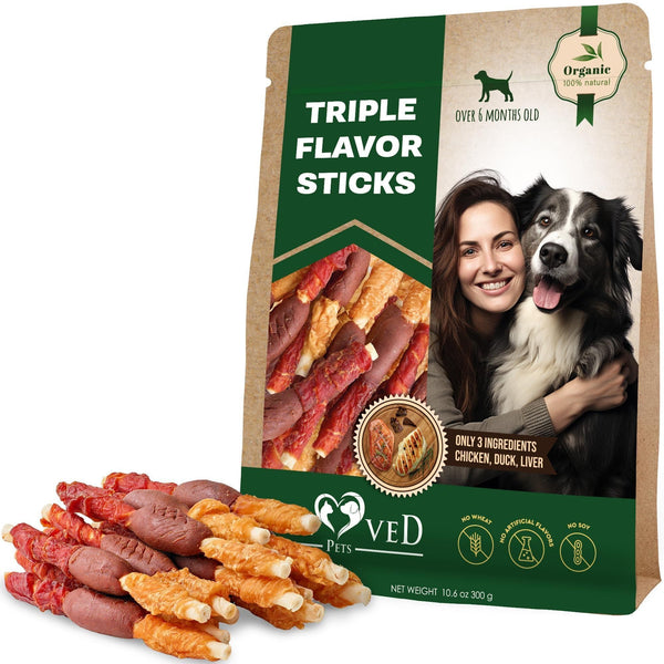 Triple Flavor Dog Rawhide Treats Duck Chicken Human Grade Meat Natural Organic Pet Dried Snacks Grain Free Long Lasting Chews for Large Small Dogs Best Sticks for Healthy Teeth