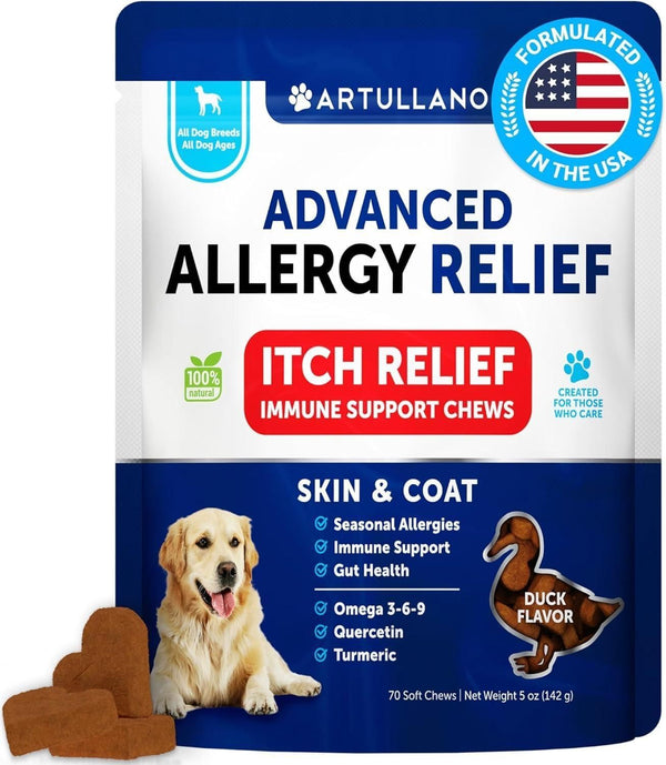 Dog Allergy Relief Chews Itching Skin Relief for Dogs Fish Oil Omega 3 Seasonal Allergies Pills Skin & Coat Anti Itch Hot Spots Treatment Canine Immune Health Supplement 70 Soft Treats